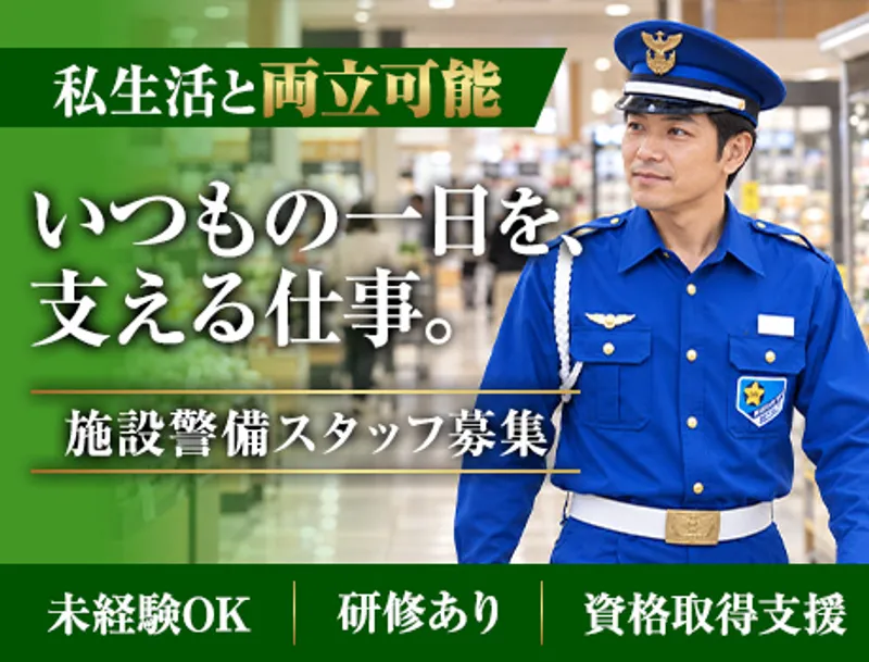 【大型スーパー施設警備】出入管理・巡回など／腰を据えて長く活躍可能／未経験OK